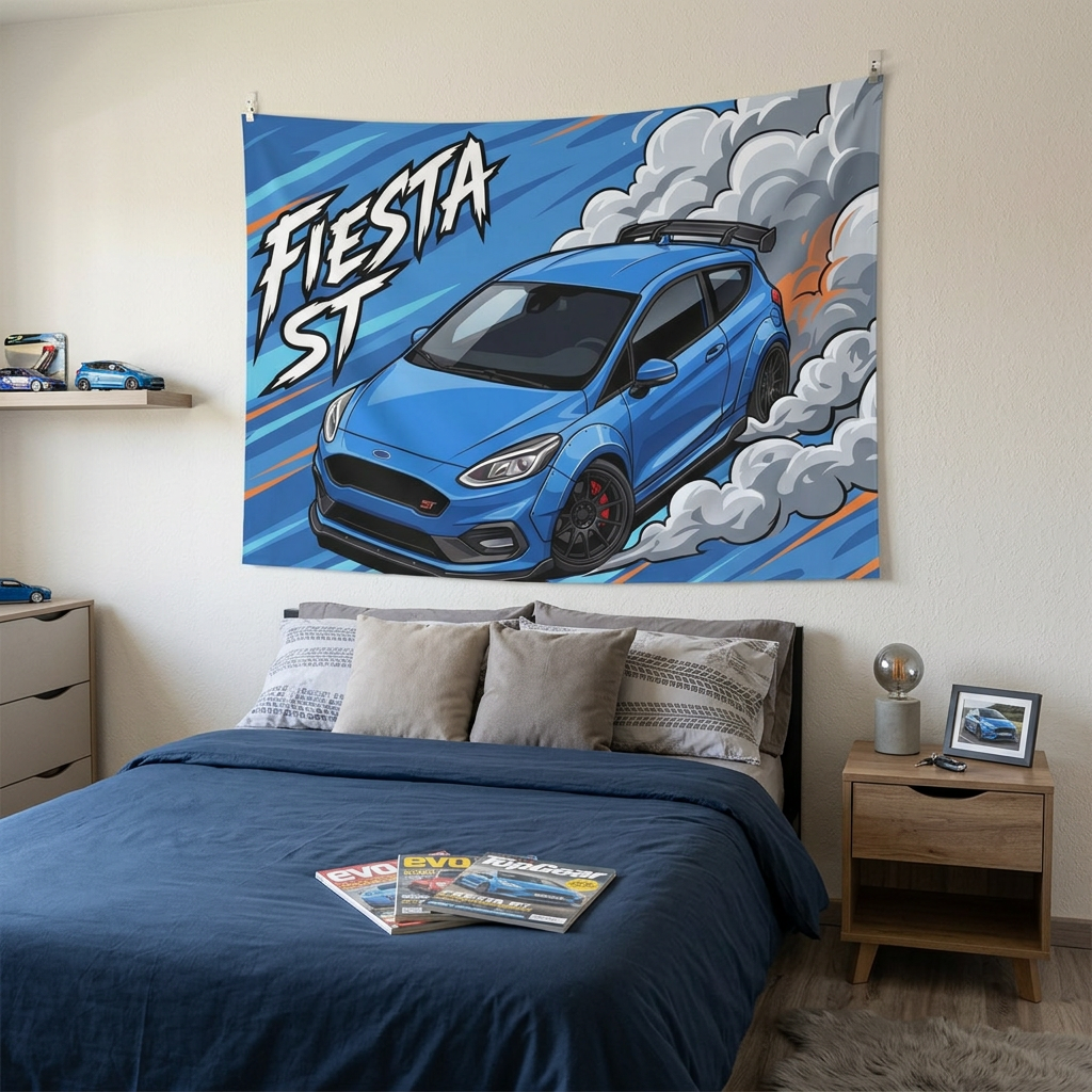 Ford Fiesta ST MK8 Blue Roof Spoiler Dark Wheels Aerial Bold Graphic Car Wall Art Tapestry