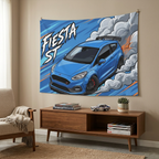 Ford Fiesta ST MK8 Blue Roof Spoiler Dark Wheels Aerial Bold Graphic Car Wall Art Tapestry