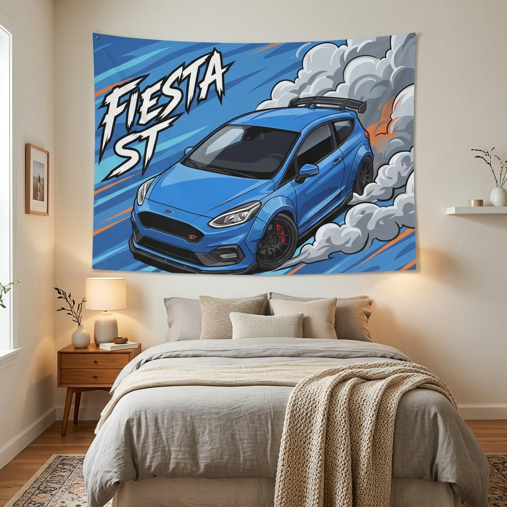 Ford Fiesta ST MK8 Blue Roof Spoiler Dark Wheels Aerial Bold Graphic Car Wall Art Tapestry