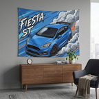 Ford Fiesta ST MK8 Blue Roof Spoiler Dark Wheels Aerial Bold Graphic Car Wall Art Tapestry