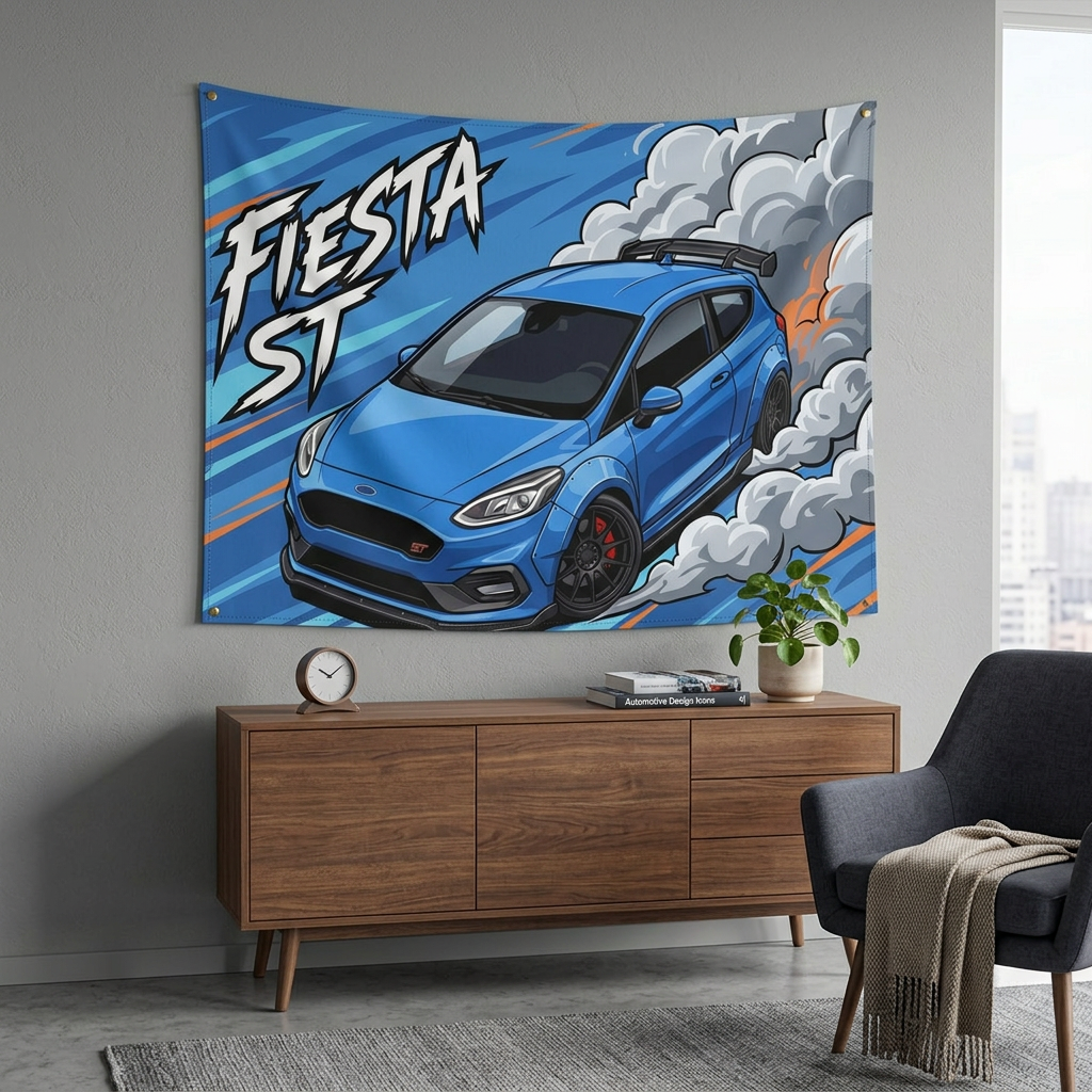 Ford Fiesta ST MK8 Blue Roof Spoiler Dark Wheels Aerial Bold Graphic Car Wall Art Tapestry