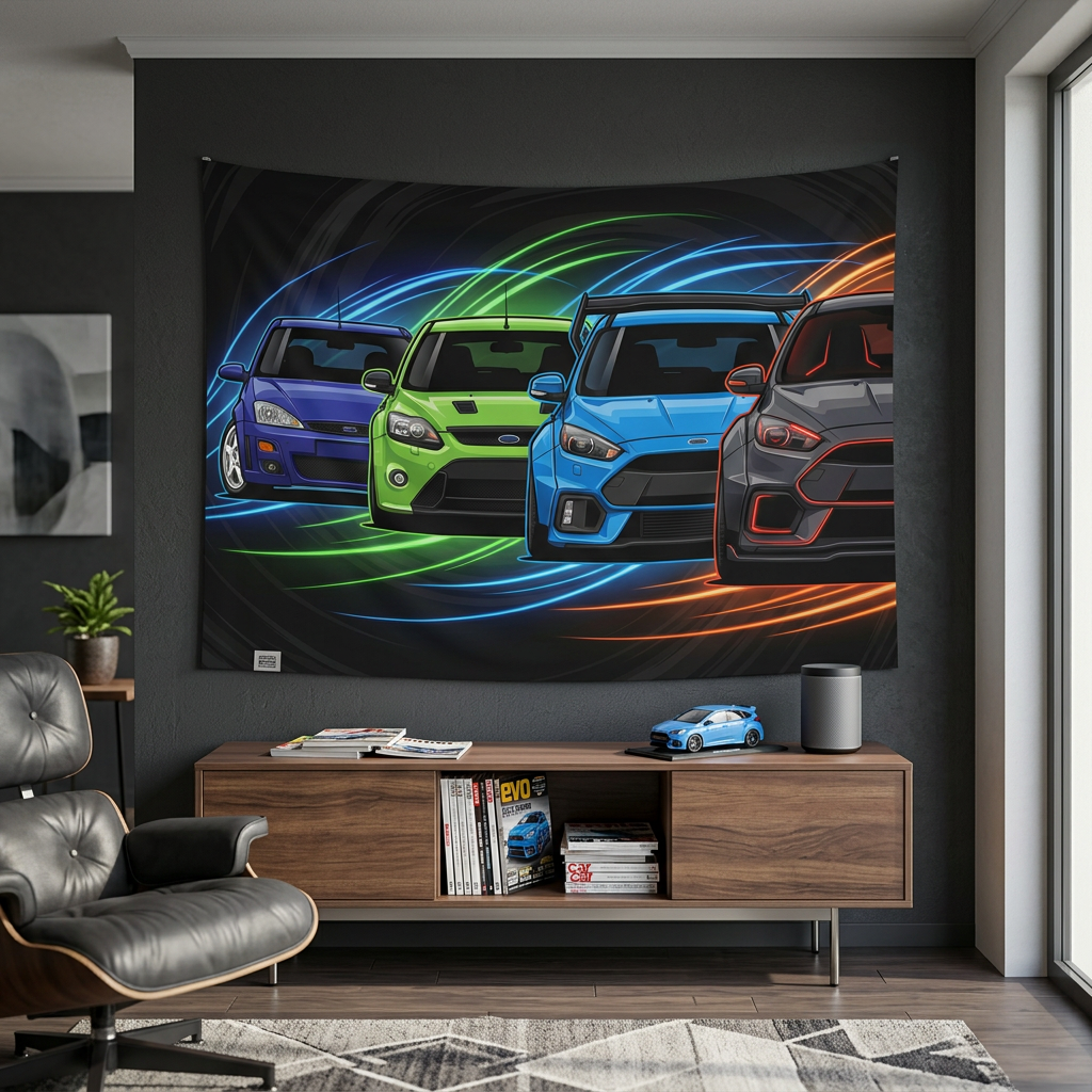 Ford Focus RS Generations Neon Car Wall Art Tapestry