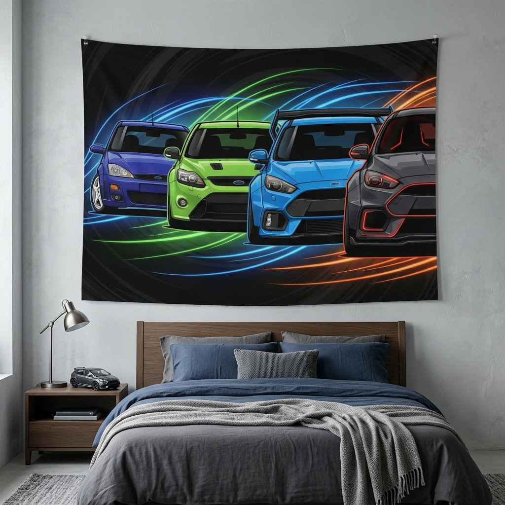 Ford Focus RS Generations Neon Car Wall Art Tapestry