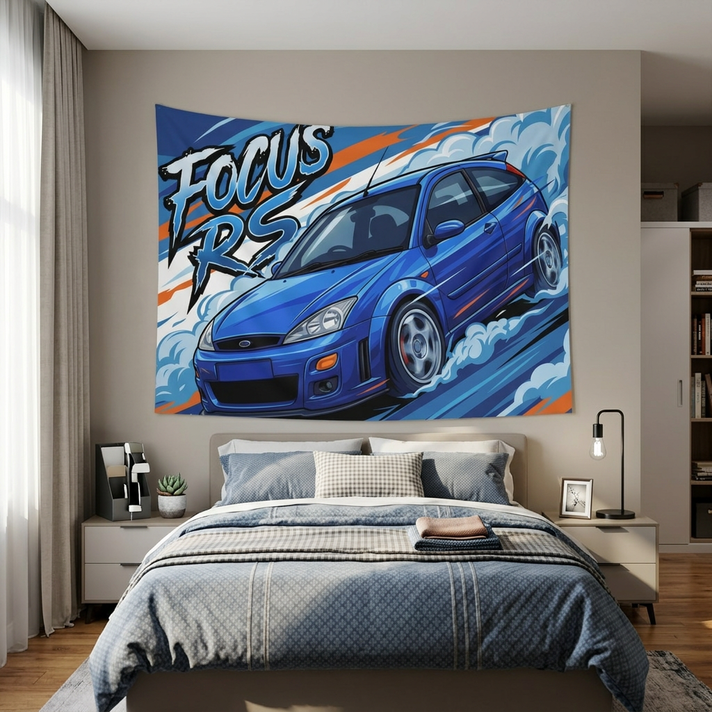 Ford Focus RS MK1 Imperial Blue Three-Door Aerial Bold Graphic Car Wall Art Tapestry