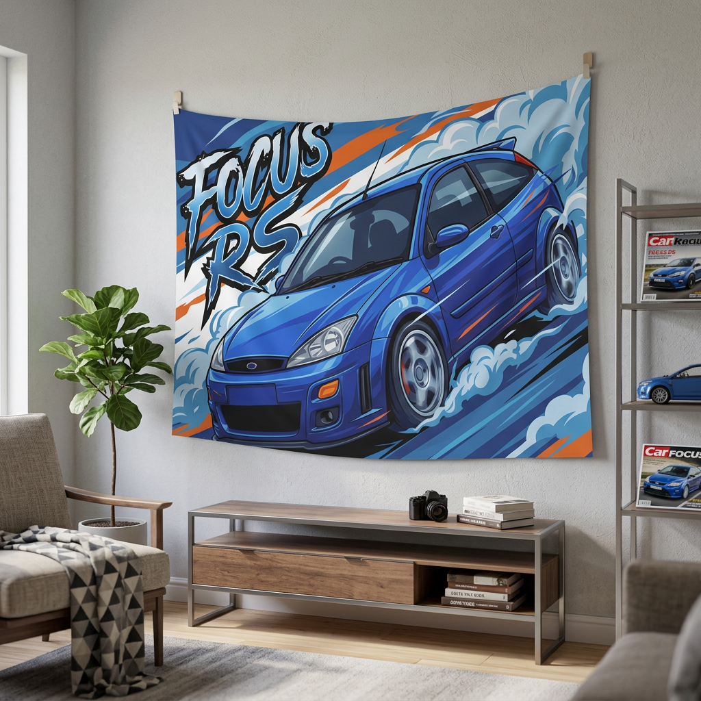 Ford Focus RS MK1 Imperial Blue Three-Door Aerial Bold Graphic Car Wall Art Tapestry