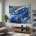 Ford Focus RS MK1 Imperial Blue Three-Door Aerial Bold Graphic Car Wall Art Tapestry