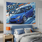 Ford Focus RS MK1 Imperial Blue Three-Door Aerial Bold Graphic Car Wall Art Tapestry