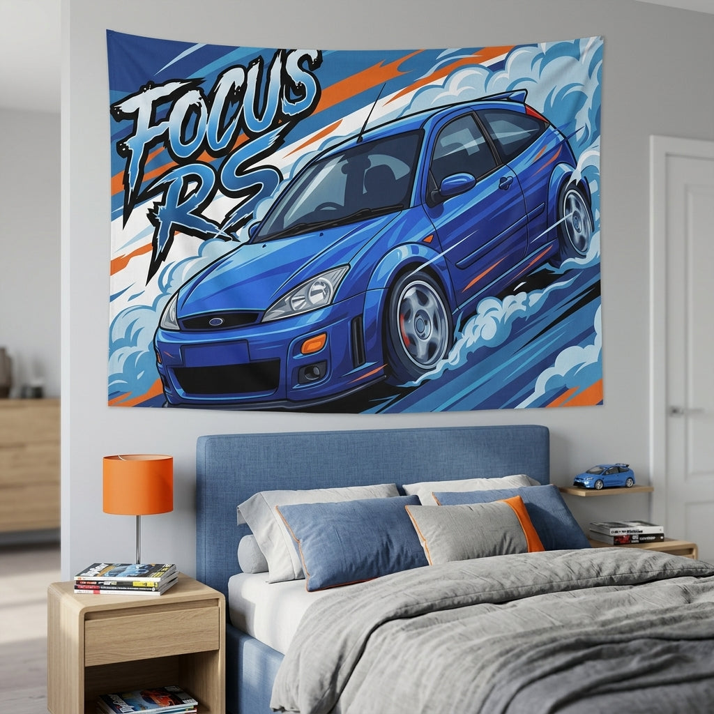Ford Focus RS MK1 Imperial Blue Three-Door Aerial Bold Graphic Car Wall Art Tapestry