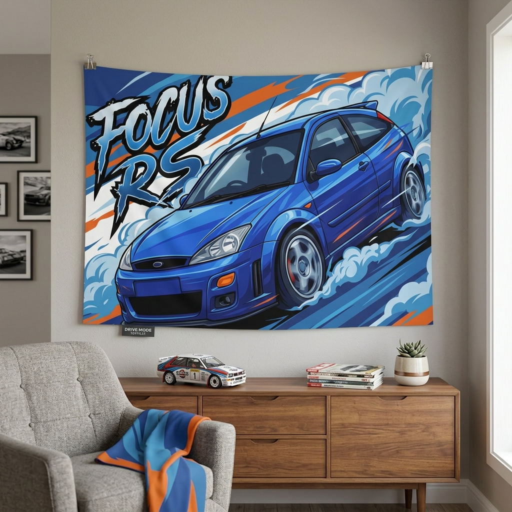 Ford Focus RS MK1 Imperial Blue Three-Door Aerial Bold Graphic Car Wall Art Tapestry