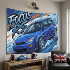 Ford Focus RS MK1 Imperial Blue Three-Door Aerial Bold Graphic Car Wall Art Tapestry