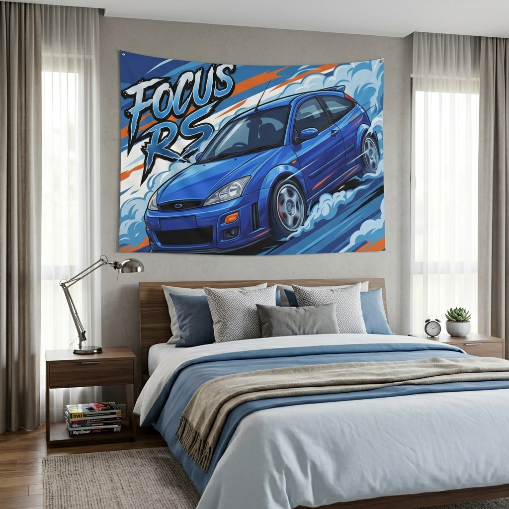 Ford Focus RS MK1 Imperial Blue Three-Door Aerial Bold Graphic Car Wall Art Tapestry