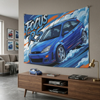 Ford Focus RS MK1 Imperial Blue Three-Door Aerial Bold Graphic Car Wall Art Tapestry