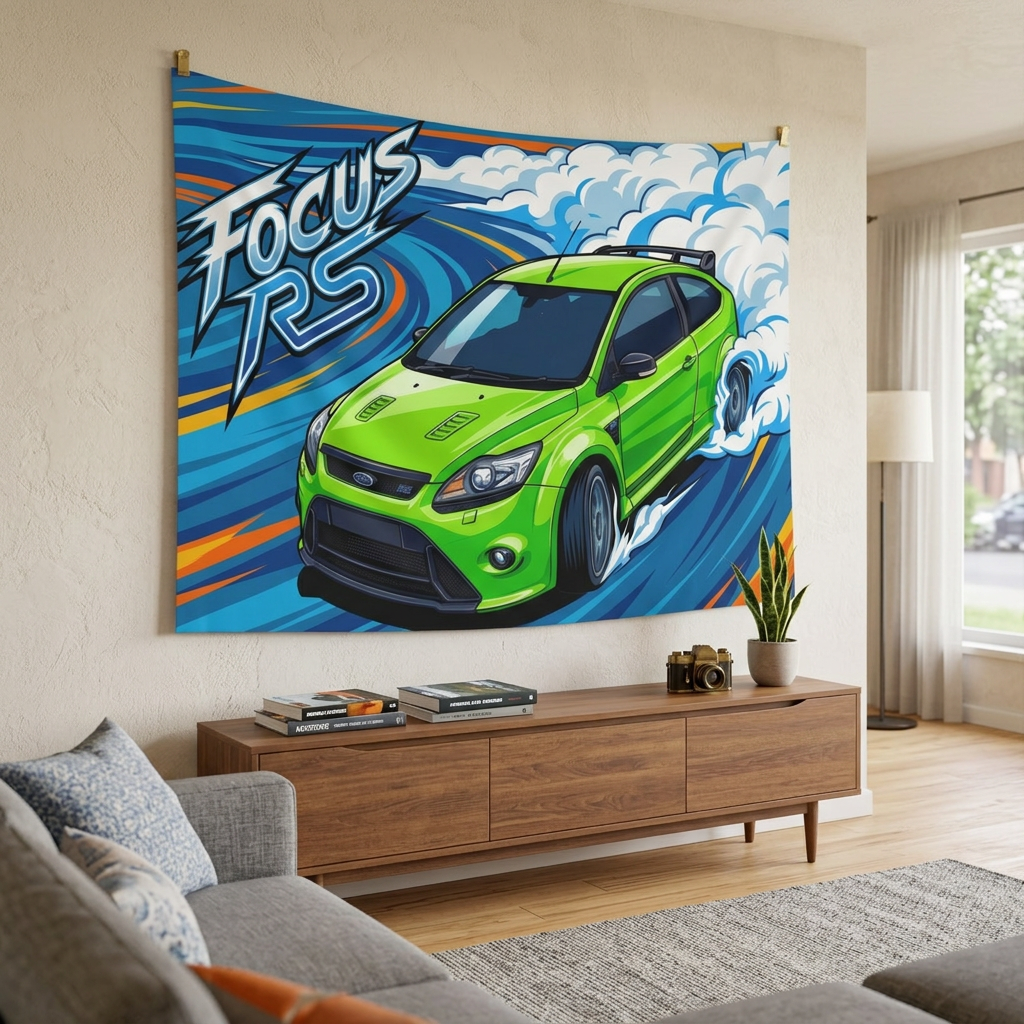 Ford Focus RS MK2 Ultimate Green Three-Door Aerial Bold Graphic Car Wall Art Tapestry