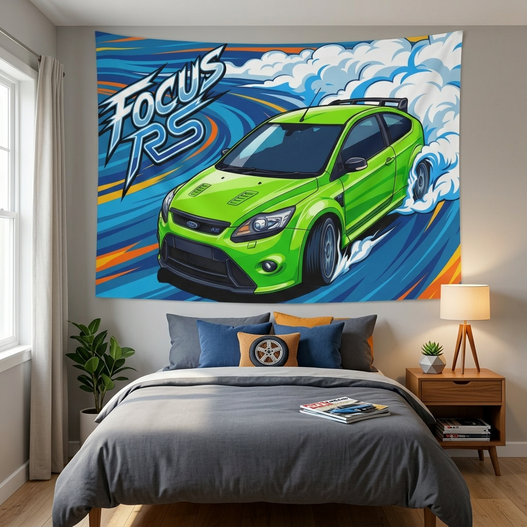 Ford Focus RS MK2 Ultimate Green Three-Door Aerial Bold Graphic Car Wall Art Tapestry