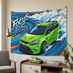 Ford Focus RS MK2 Ultimate Green Three-Door Aerial Bold Graphic Car Wall Art Tapestry