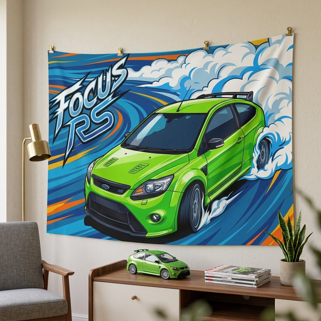 Ford Focus RS MK2 Ultimate Green Three-Door Aerial Bold Graphic Car Wall Art Tapestry