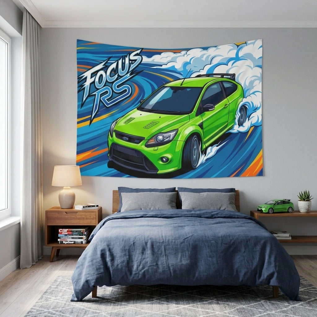Ford Focus RS MK2 Ultimate Green Three-Door Aerial Bold Graphic Car Wall Art Tapestry