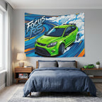 Ford Focus RS MK2 Ultimate Green Three-Door Aerial Bold Graphic Car Wall Art Tapestry