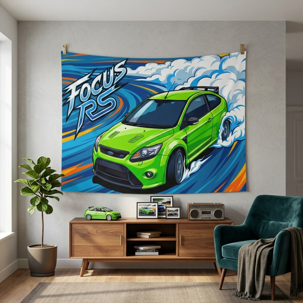 Ford Focus RS MK2 Ultimate Green Three-Door Aerial Bold Graphic Car Wall Art Tapestry