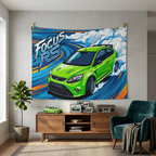 Ford Focus RS MK2 Ultimate Green Three-Door Aerial Bold Graphic Car Wall Art Tapestry