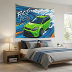 Ford Focus RS MK2 Ultimate Green Three-Door Aerial Bold Graphic Car Wall Art Tapestry