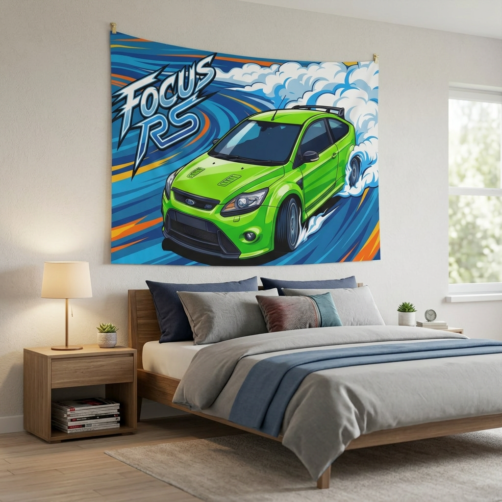 Ford Focus RS MK2 Ultimate Green Three-Door Aerial Bold Graphic Car Wall Art Tapestry