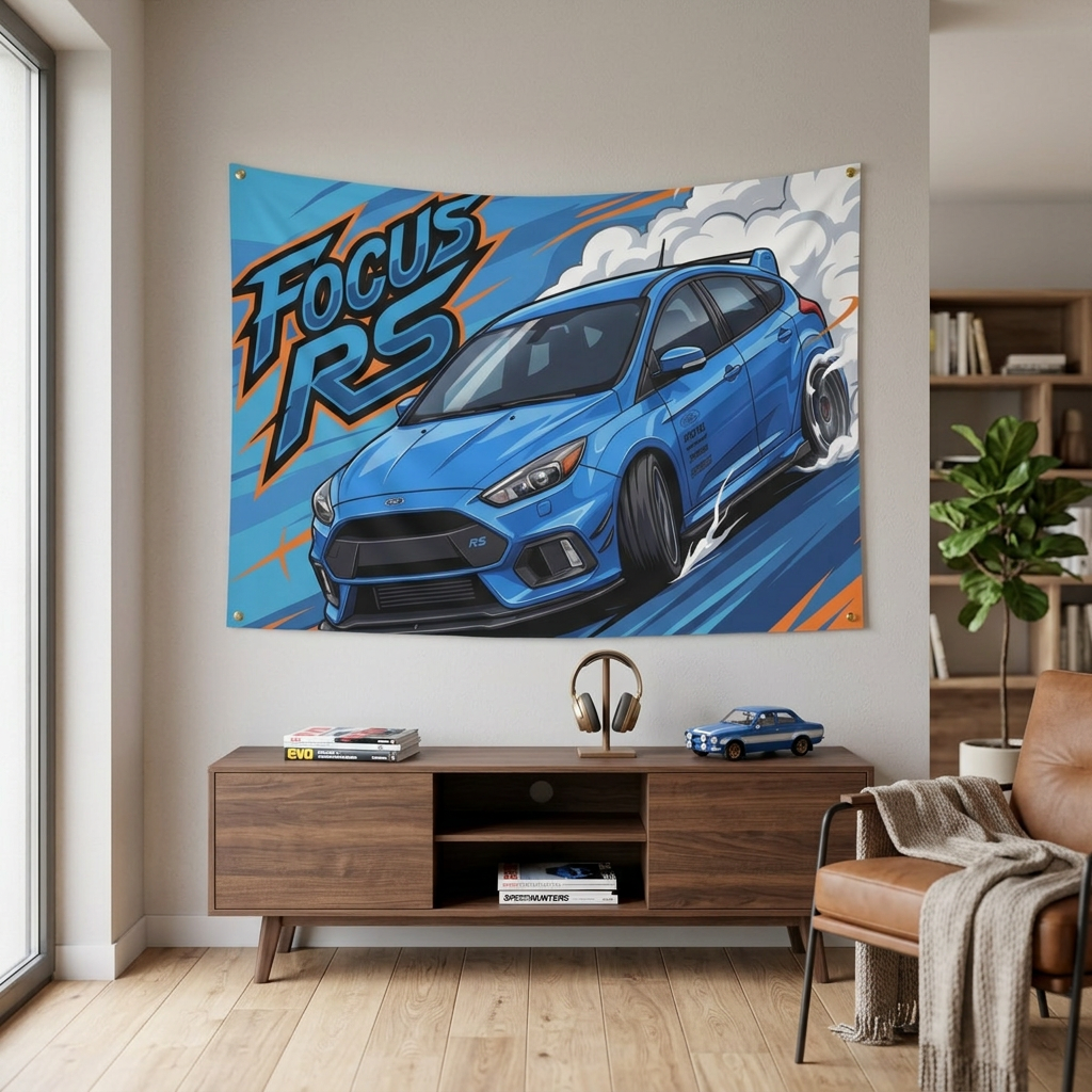 Ford Focus RS MK3 Nitrous Blue Sponsor Decals Front Bold Graphic Car Wall Art Tapestry