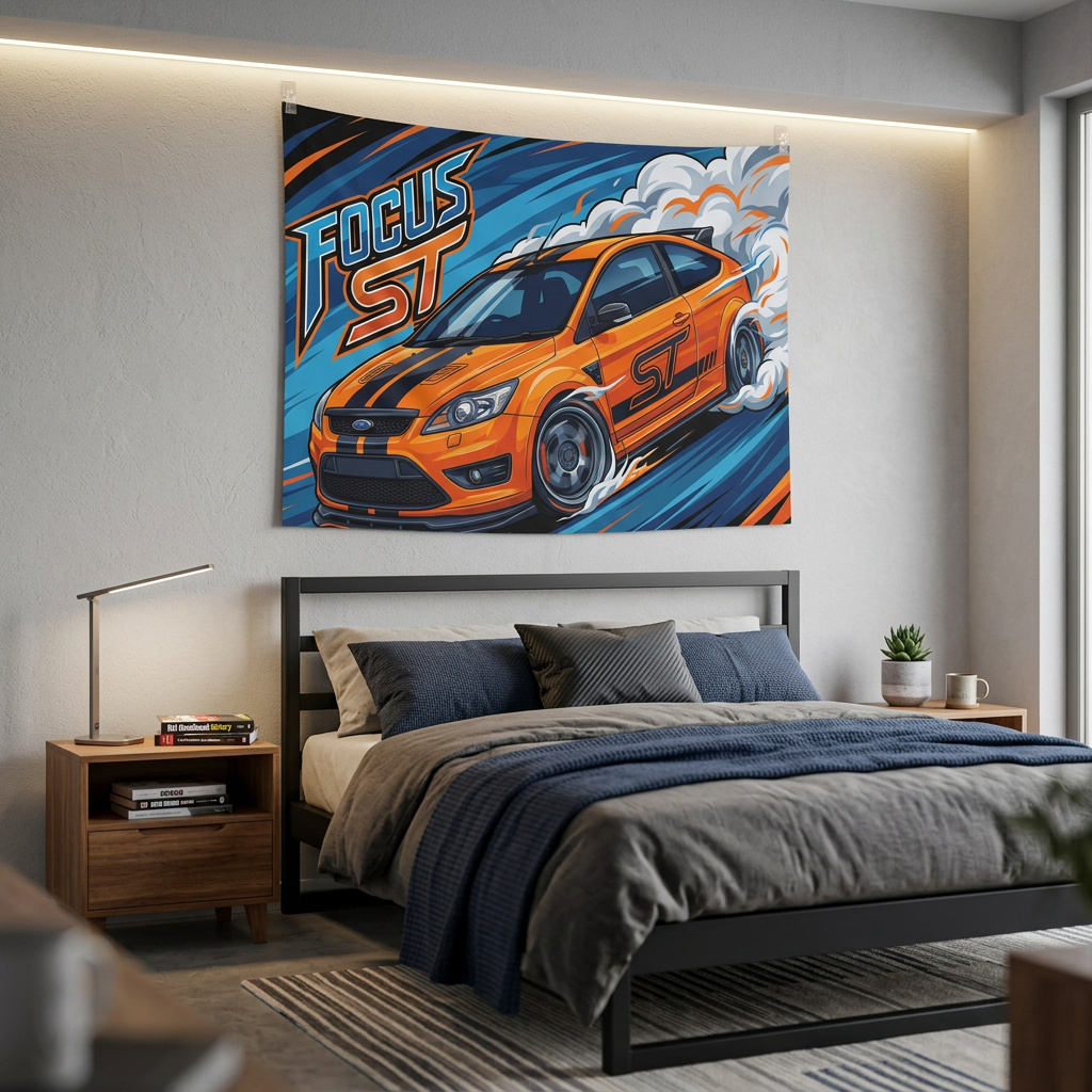 Ford Focus ST MK2 Orange Black Stripe Three-Door Bold Graphic Car Wall Art Tapestry