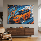 Ford Focus ST MK2 Orange Black Stripe Three-Door Bold Graphic Car Wall Art Tapestry