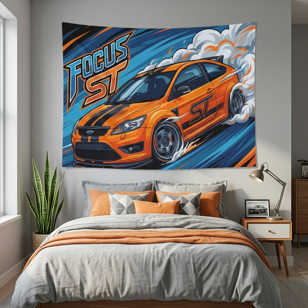 Ford Focus ST MK2 Orange Black Stripe Three-Door Bold Graphic Car Wall Art Tapestry