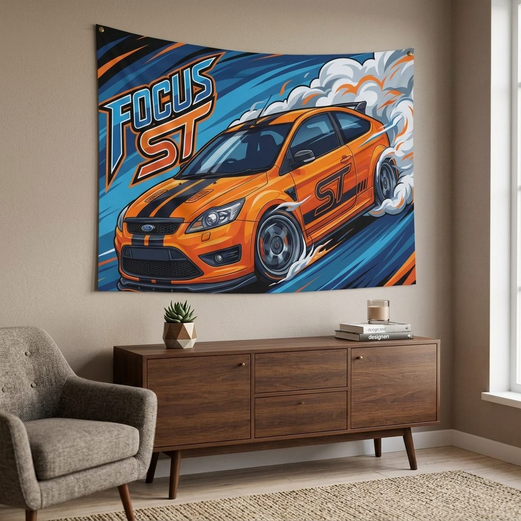 Ford Focus ST MK2 Orange Black Stripe Three-Door Bold Graphic Car Wall Art Tapestry