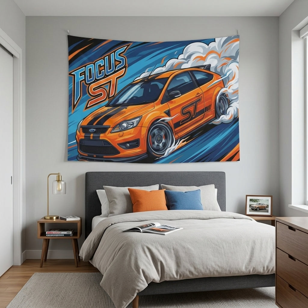 Ford Focus ST MK2 Orange Black Stripe Three-Door Bold Graphic Car Wall Art Tapestry