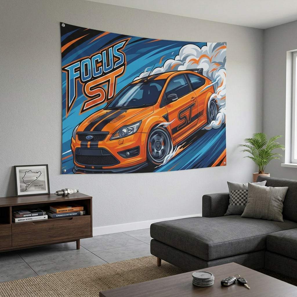 Ford Focus ST MK2 Orange Black Stripe Three-Door Bold Graphic Car Wall Art Tapestry