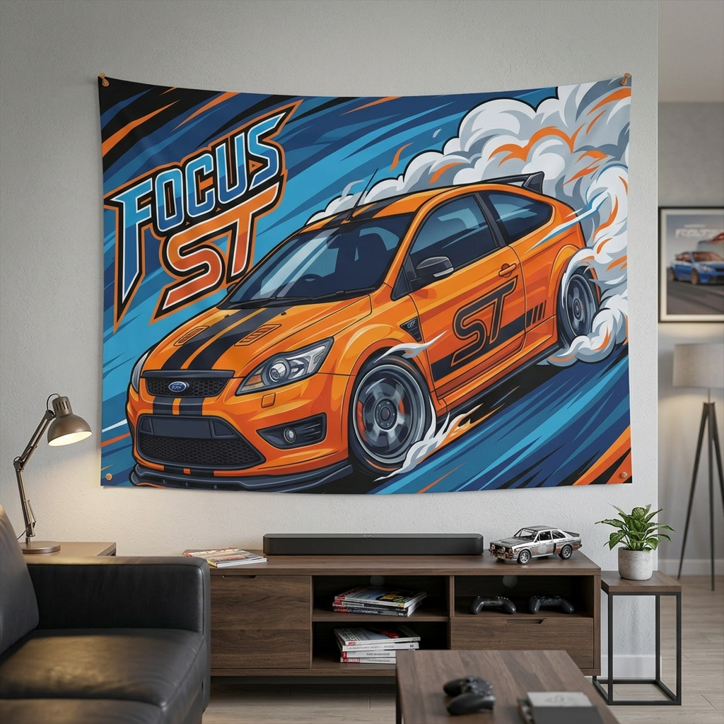 Ford Focus ST MK2 Orange Black Stripe Three-Door Bold Graphic Car Wall Art Tapestry