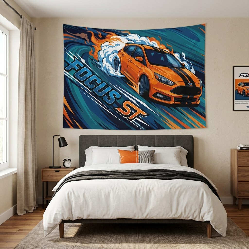 Ford Focus ST MK3 Orange Black Bonnet Stripe Five-Door Swirl Bold Graphic Car Wall Art Tapestry