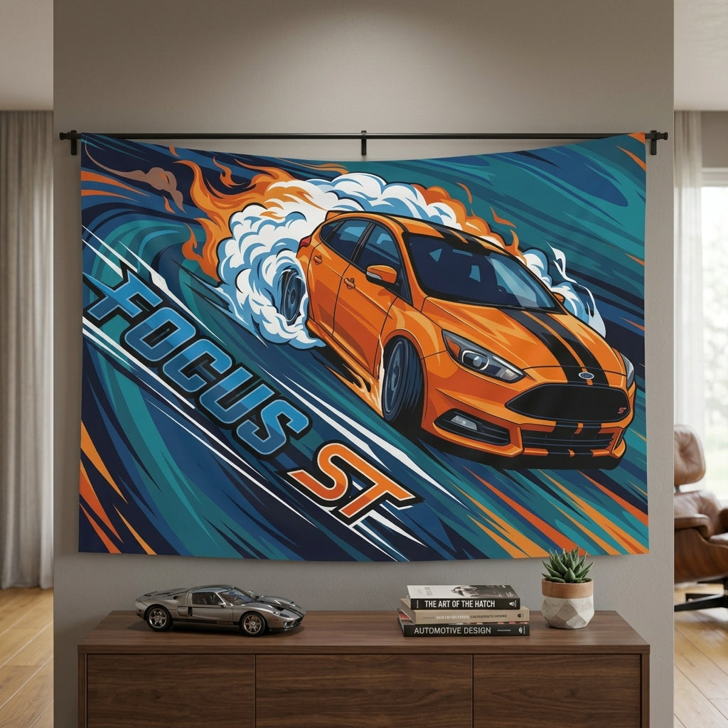 Ford Focus ST MK3 Orange Black Bonnet Stripe Five-Door Swirl Bold Graphic Car Wall Art Tapestry