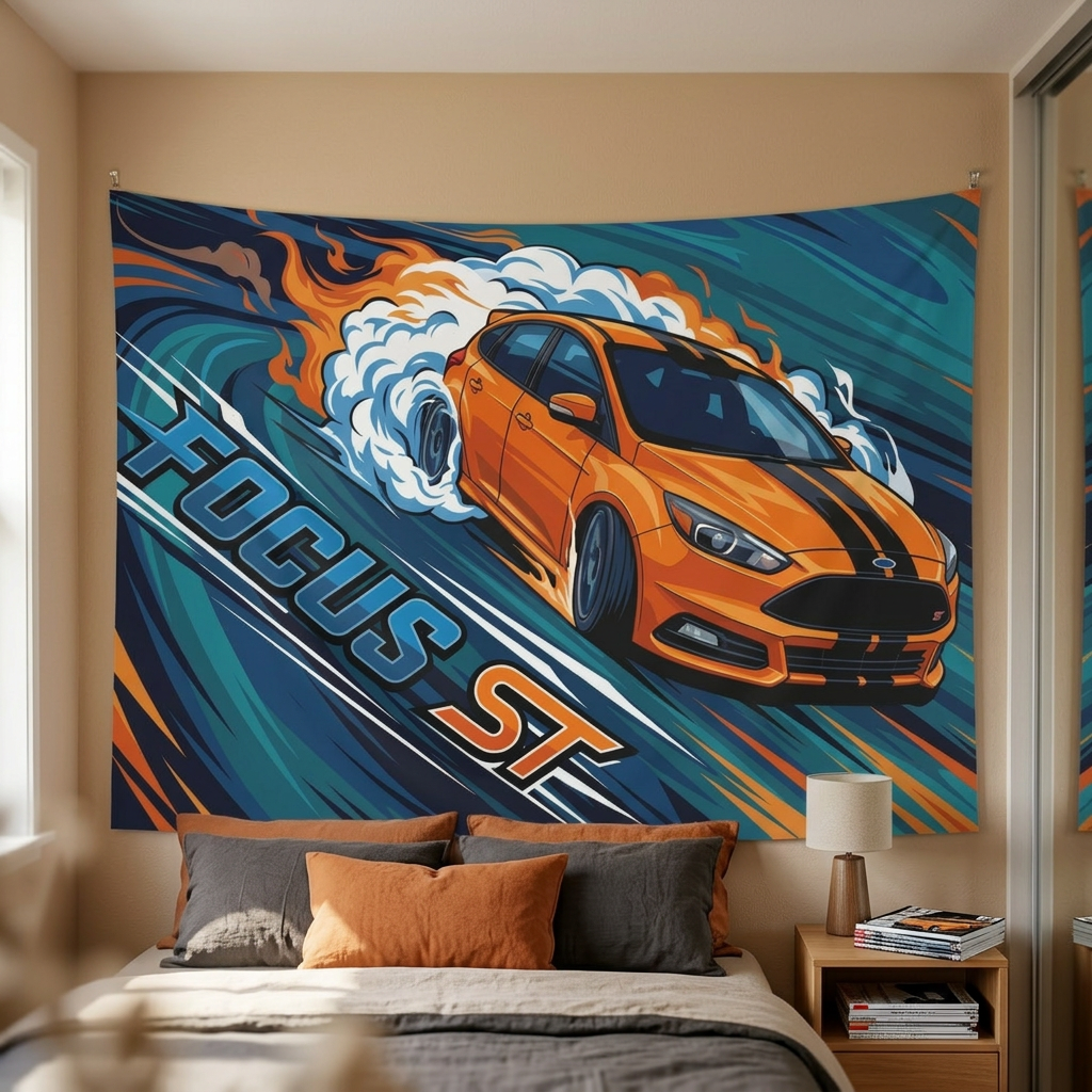 Ford Focus ST MK3 Orange Black Bonnet Stripe Five-Door Swirl Bold Graphic Car Wall Art Tapestry