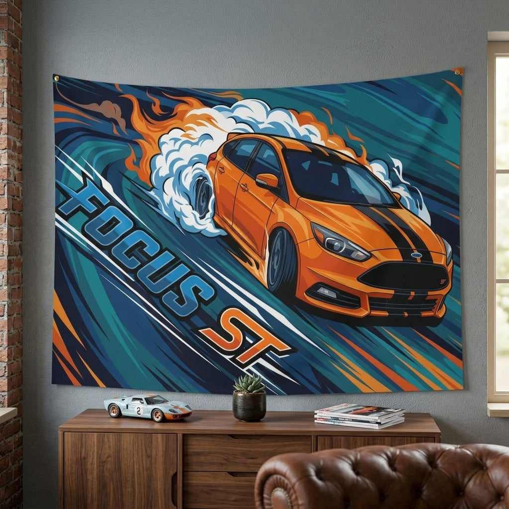 Ford Focus ST MK3 Orange Black Bonnet Stripe Five-Door Swirl Bold Graphic Car Wall Art Tapestry