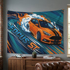 Ford Focus ST MK3 Orange Black Bonnet Stripe Five-Door Swirl Bold Graphic Car Wall Art Tapestry