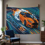 Ford Focus ST MK3 Orange Black Bonnet Stripe Five-Door Swirl Bold Graphic Car Wall Art Tapestry