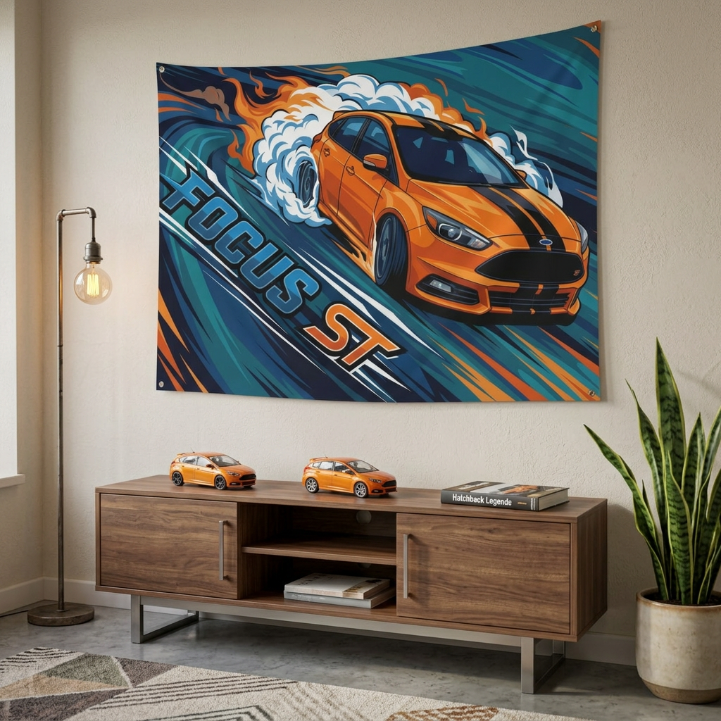 Ford Focus ST MK3 Orange Black Bonnet Stripe Five-Door Swirl Bold Graphic Car Wall Art Tapestry