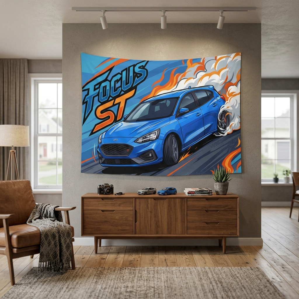 Ford Focus ST MK4 Azura Blue Five-Door Front Bold Graphic Car Wall Art Tapestry
