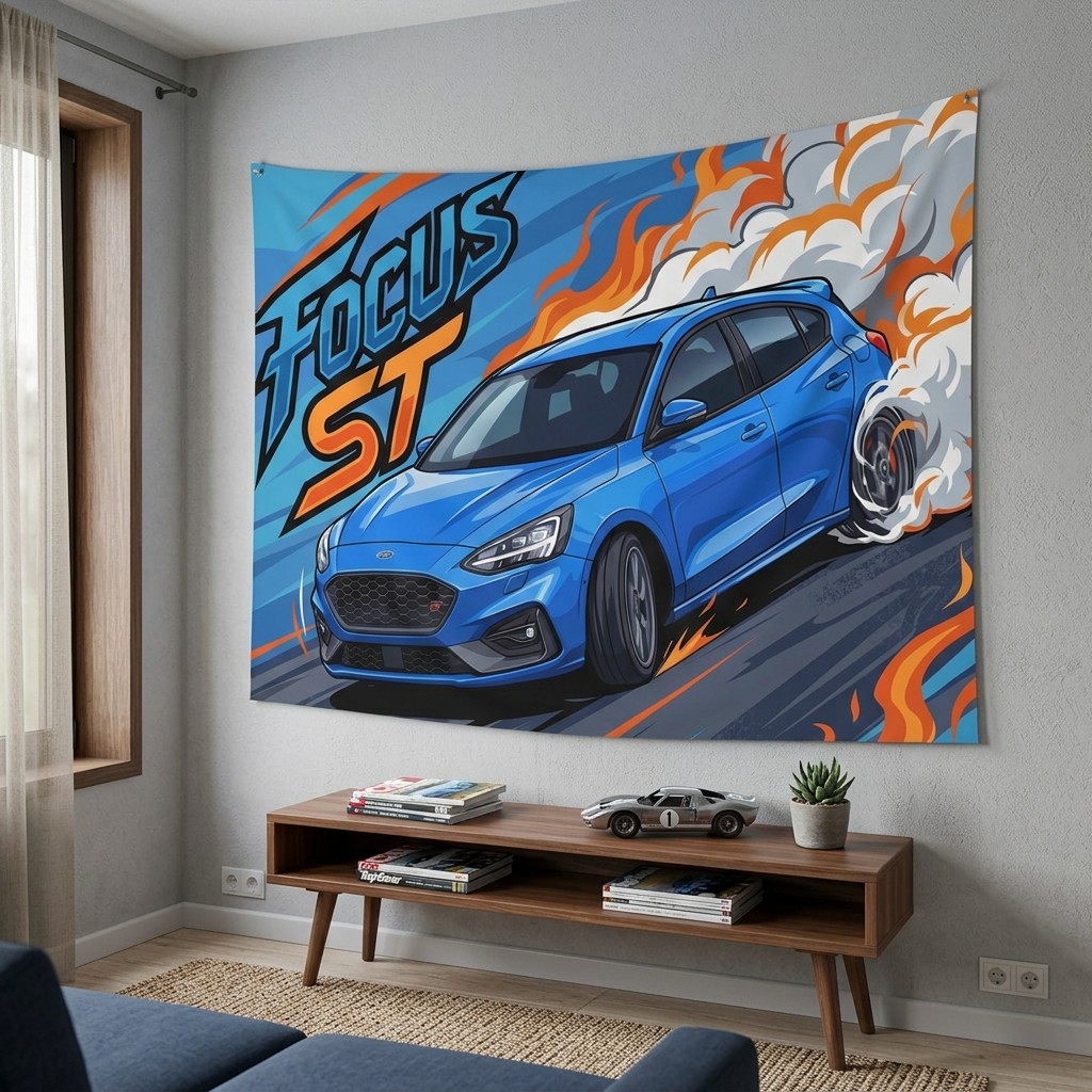 Ford Focus ST MK4 Azura Blue Five-Door Front Bold Graphic Car Wall Art Tapestry