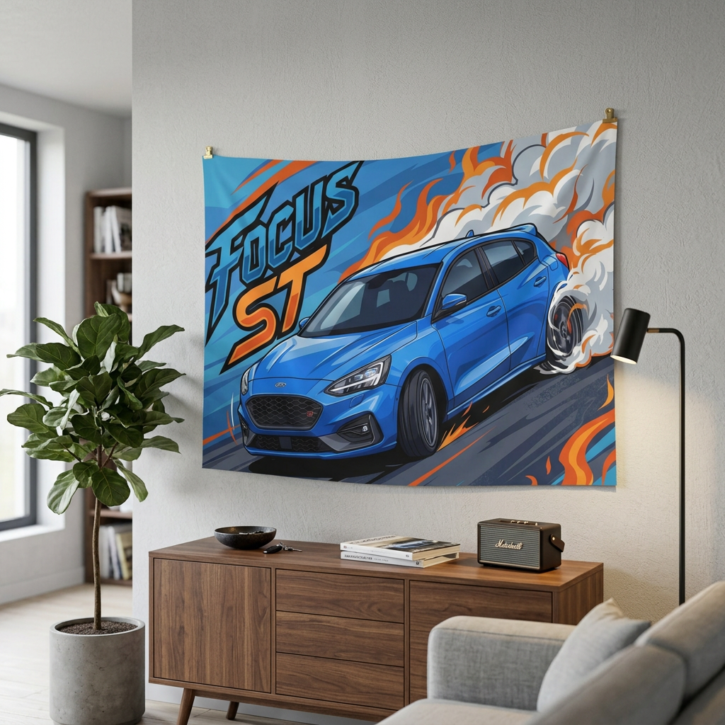 Ford Focus ST MK4 Azura Blue Five-Door Front Bold Graphic Car Wall Art Tapestry