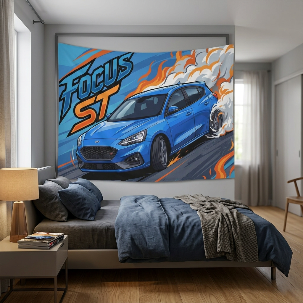 Ford Focus ST MK4 Azura Blue Five-Door Front Bold Graphic Car Wall Art Tapestry
