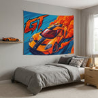 Ford GT Orange Blue Racing Stripe Aerial Bold Graphic Car Wall Art Tapestry