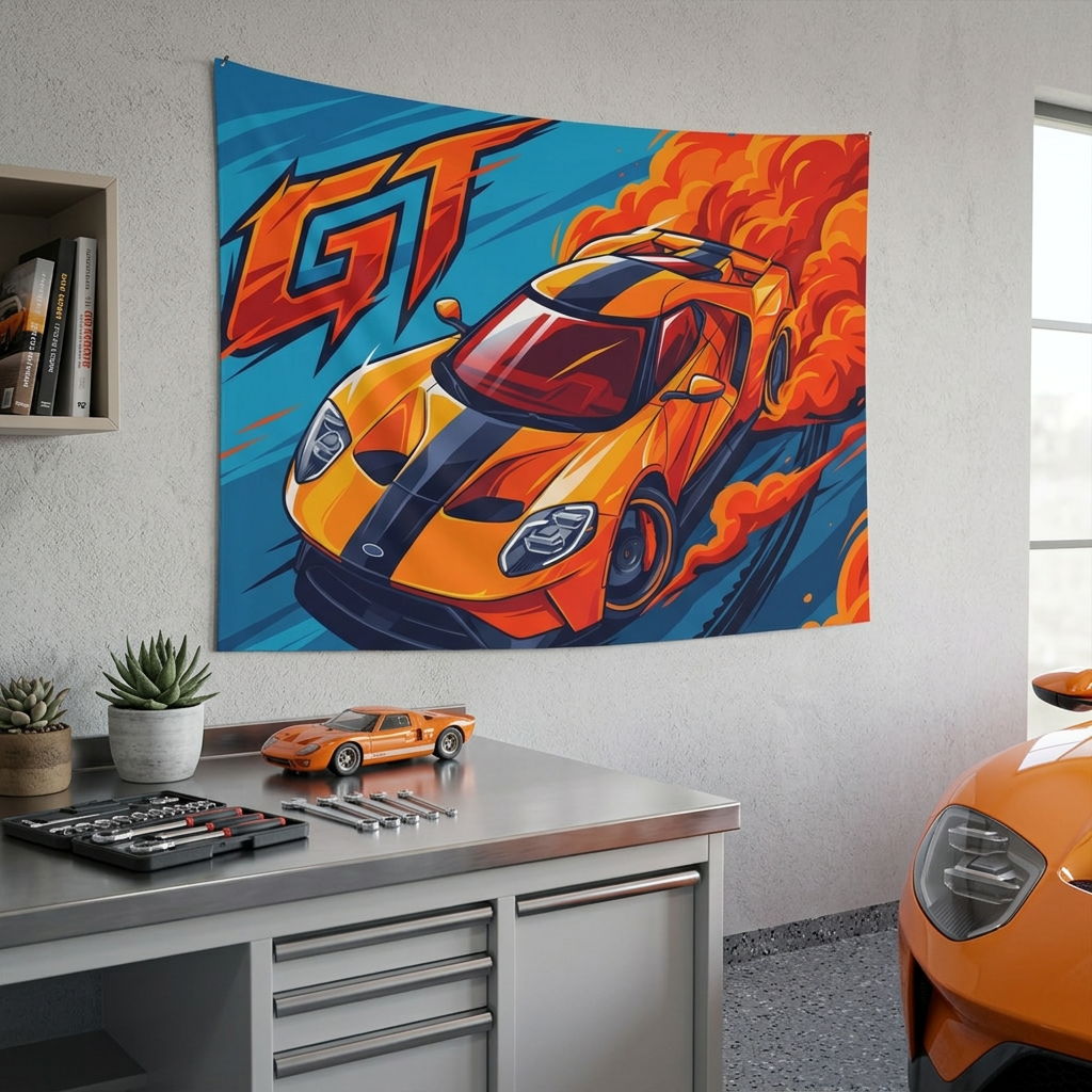 Ford GT Orange Blue Racing Stripe Aerial Bold Graphic Car Wall Art Tapestry