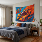 Ford GT Orange Blue Racing Stripe Aerial Bold Graphic Car Wall Art Tapestry