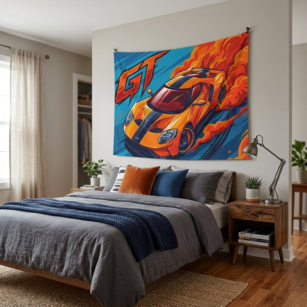 Ford GT Orange Blue Racing Stripe Aerial Bold Graphic Car Wall Art Tapestry