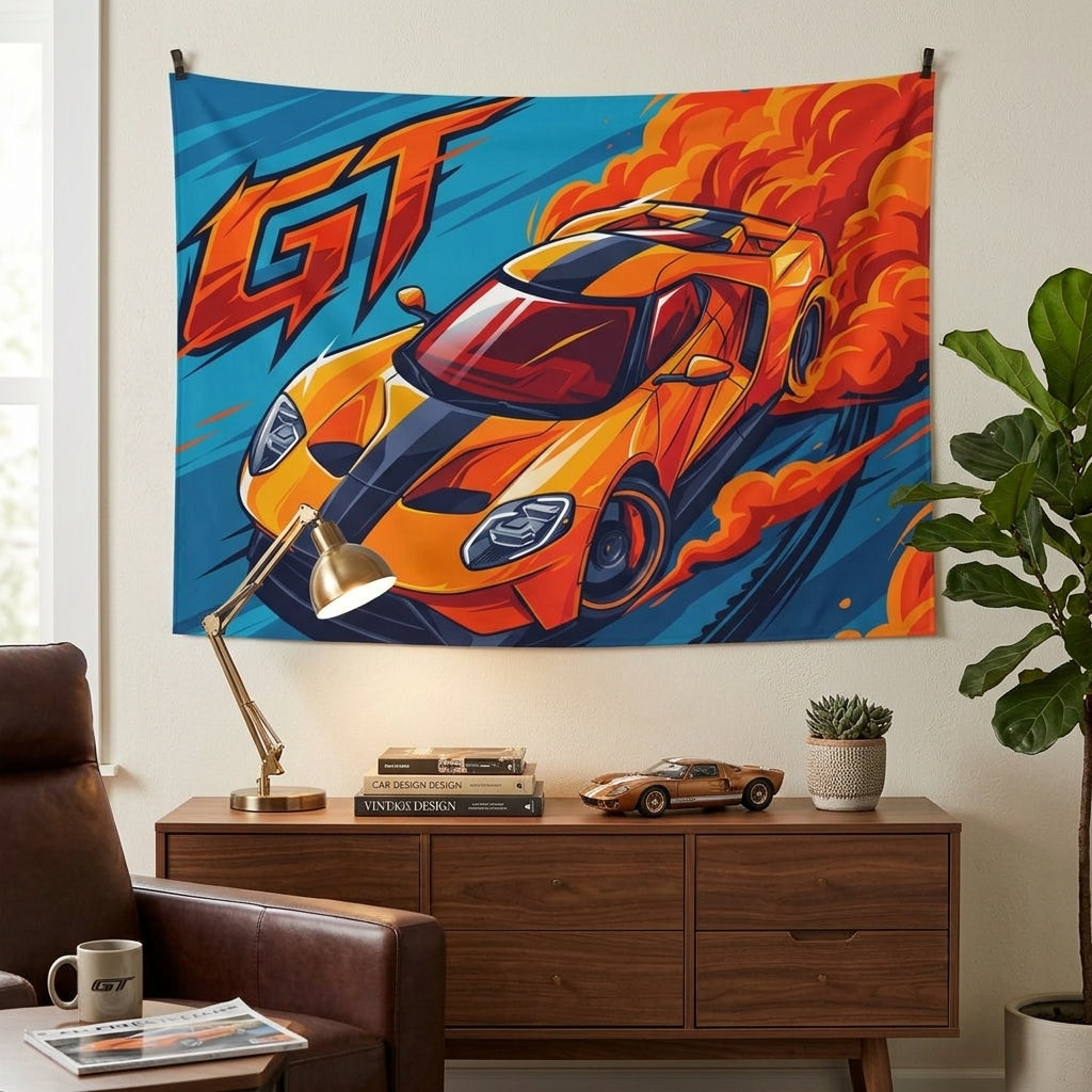 Ford GT Orange Blue Racing Stripe Aerial Bold Graphic Car Wall Art Tapestry